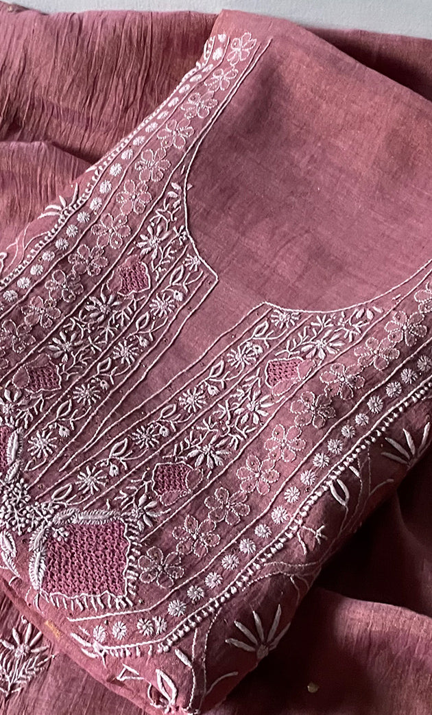 Women's Lakhnavi Handcrafted Tissue Chanderi Unstitched Kurta And Dupatta Set - HONC0298037