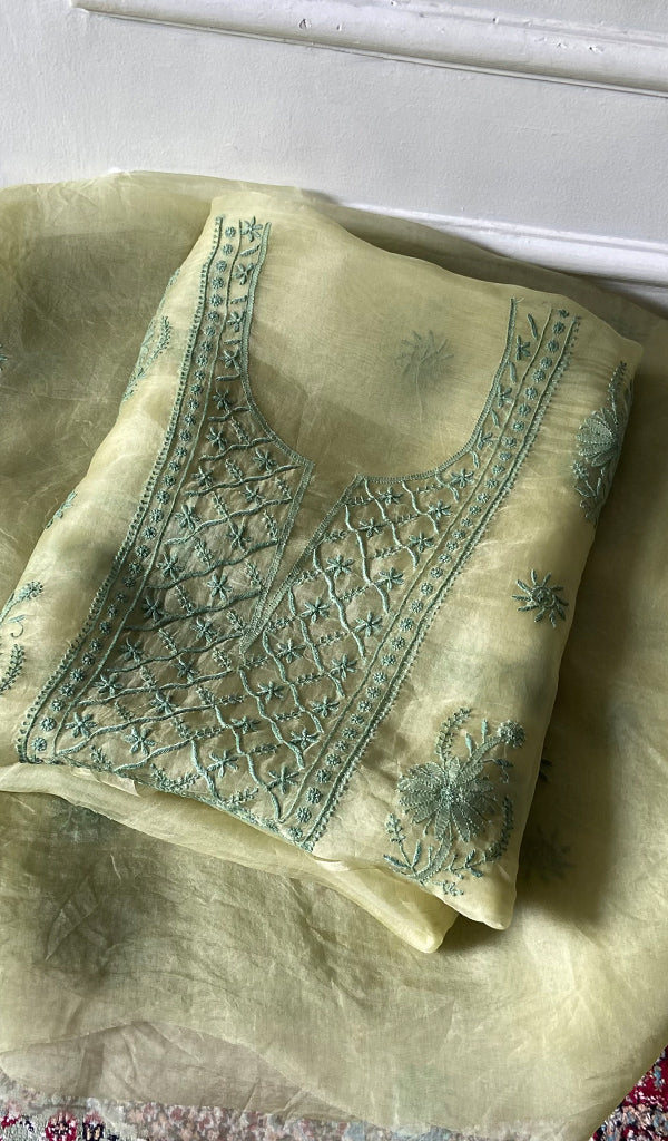 Women's Lakhnavi Handcrafted Pure Organza Chikankari Unstitched Kurta And Dupatta Set- HONC0365701