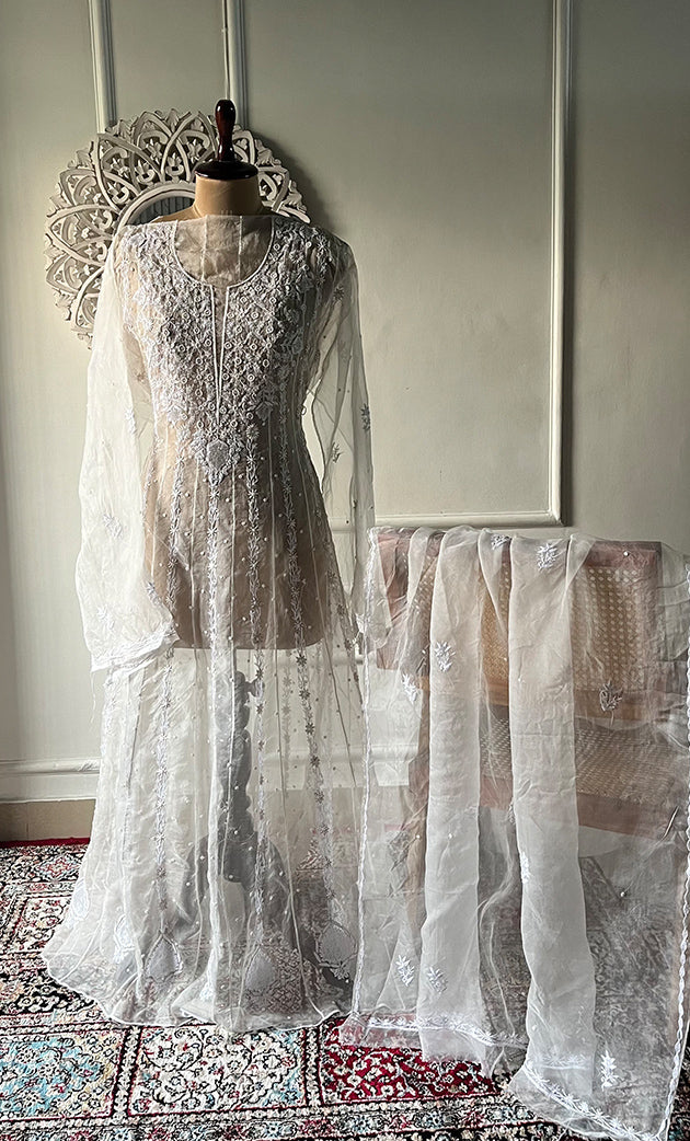 Women's Lakhnavi Handcrafted Pure Organza Chikankari Semi -stitched Anarkali And Dupatta Set - HONC0328513