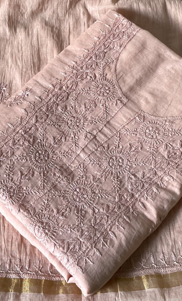 Women's Lakhnavi Handcrafted Mul Chanderi Unstitched Chikankari Full Suit Material - HONC0319535