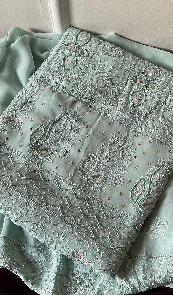 Women's Lakhnavi Handcrafted Viscose Georgette Unstitched Chikankari Full Suit Material - HONC0267300
