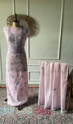 Women's Lakhnavi Handcrafted Mul Chanderi Unstitched Chikankari Full Suit .