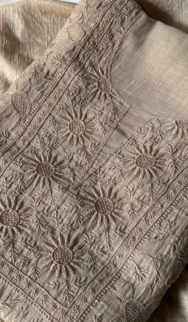 Women's Lakhnavi Handcrafted Mul Chanderi Unstitched Chikankari Full Suit Material - HONC0321754