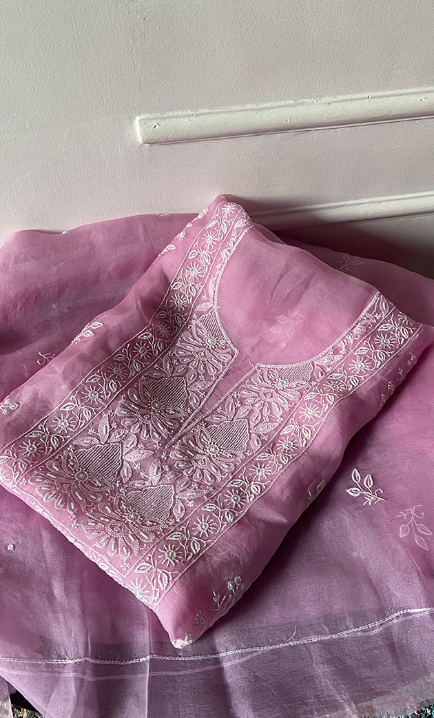Women's Lakhnavi Handcrafted Pure Organza Chikankari Unstitched Kurta And Dupatta Set- HONC0288321