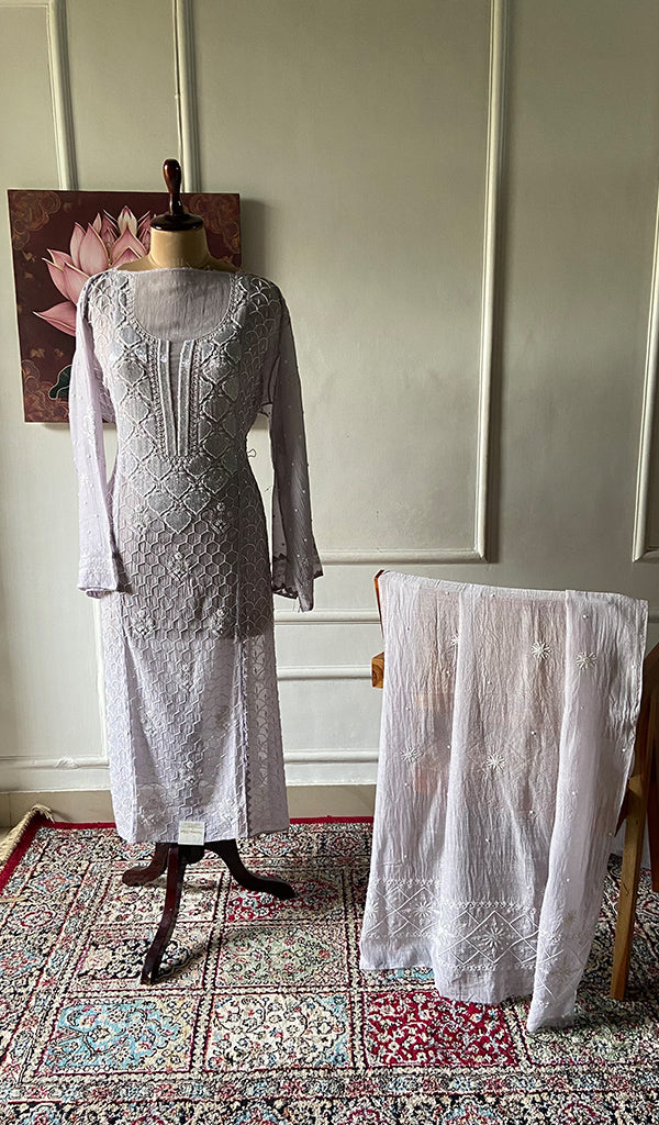 Women's Lakhnavi Handcrafted Mul Chanderi Semi - Stitched Chikankari Full Suit Material - HONC0360113