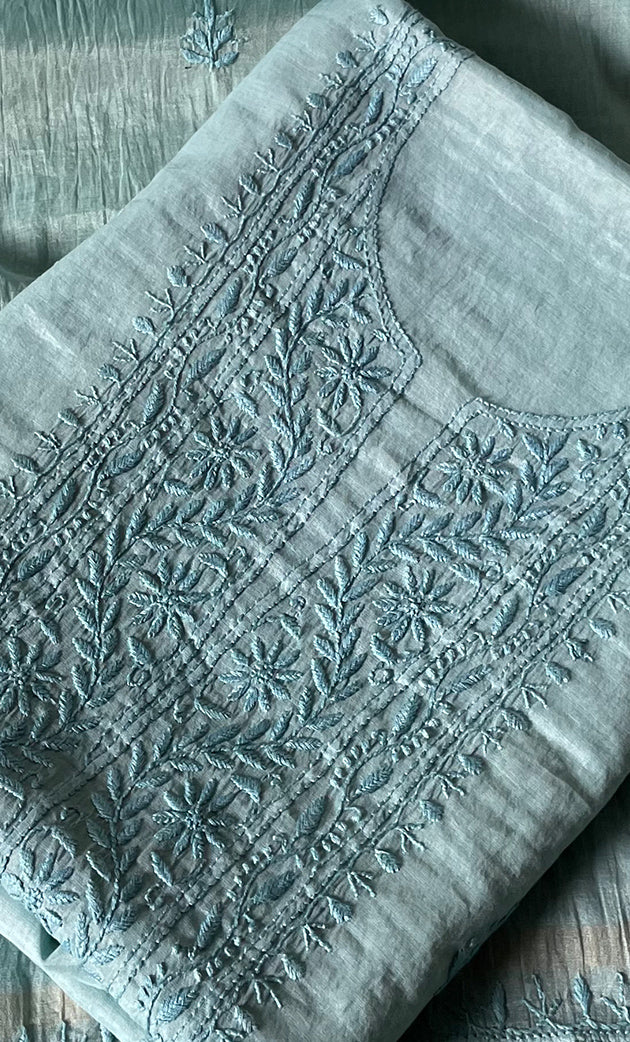 Women's Lakhnavi Handcrafted Mul Chanderi Unstitched Chikankari Full Suit Material - HONC0319534