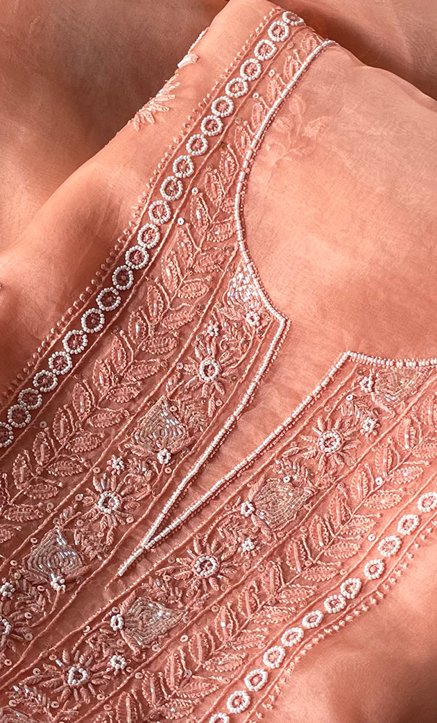 Women's Lakhnavi Handcrafted Pure Organza Chikankari Unstitched Kurta And Dupatta Set- HONC0314163