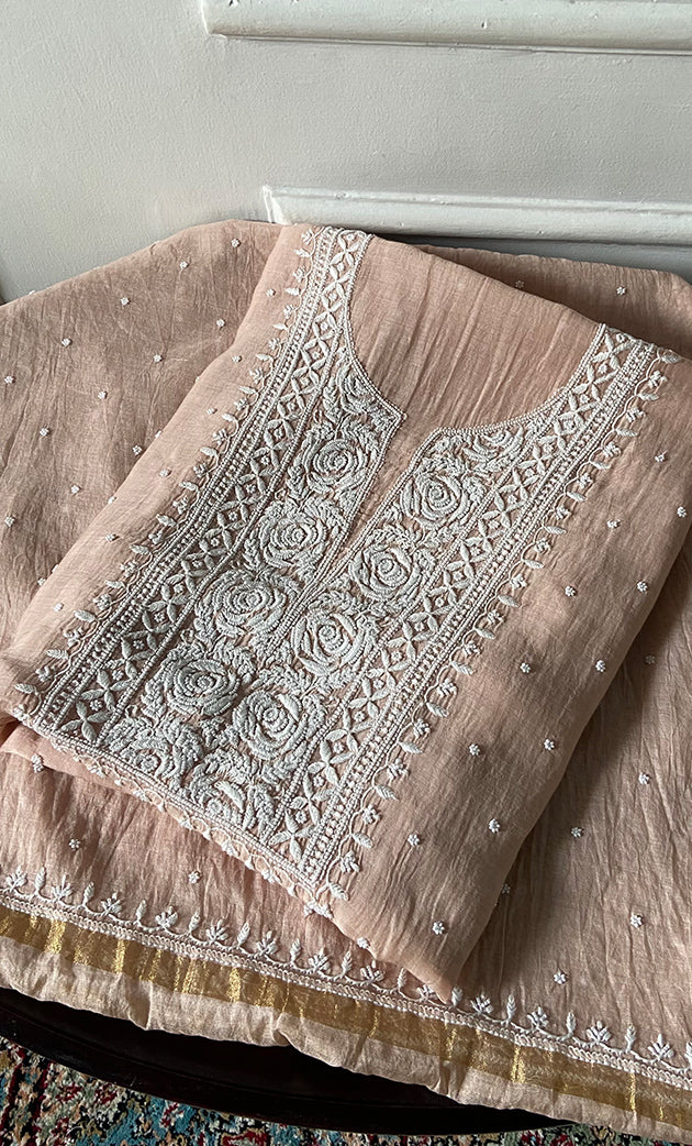 Women's Lakhnavi Handcrafted Unstitchd Mul Chanderi Kurta And Dupatta Set - HONC0338195