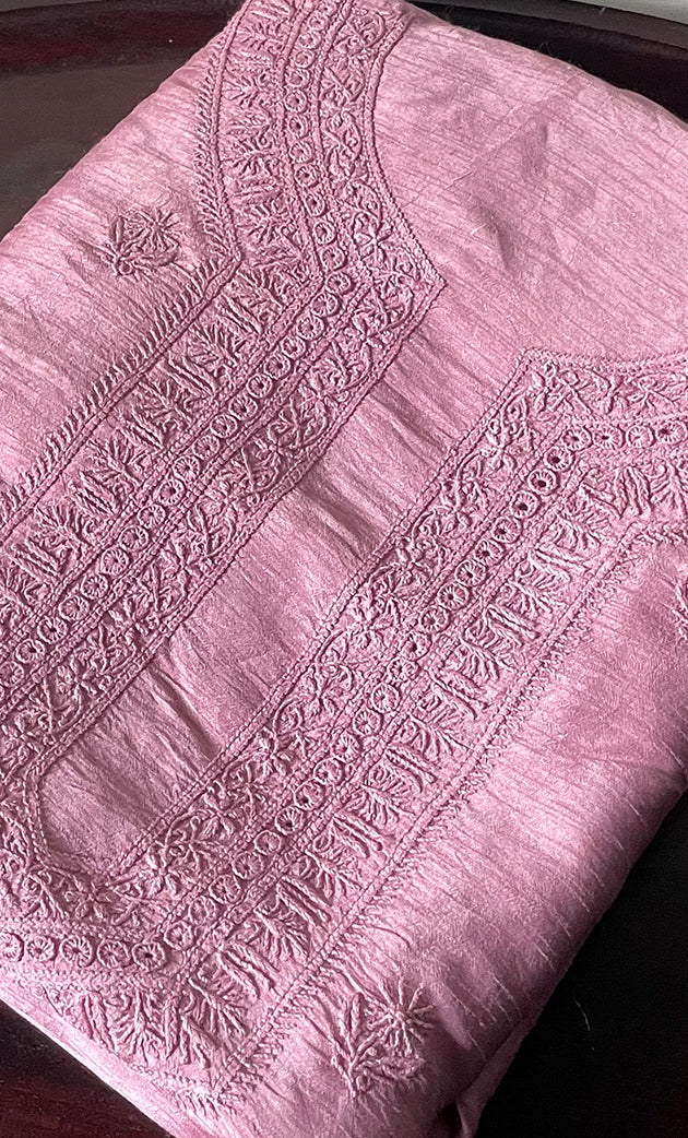 Lucknowi Handcrafted Raw Silk Chikankari Unstitched Men's Kurta Fabric - HONC0288527