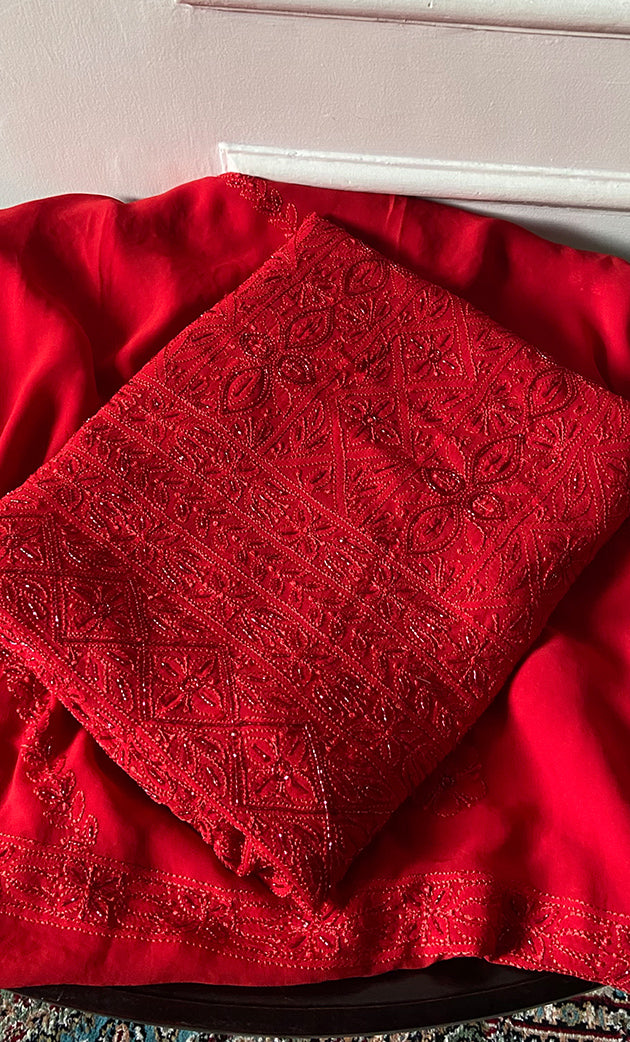 Women's Lakhnavi Handcrafted Viscose Georgette Unstitched Chikankari Full Suit Material - HONC0325143