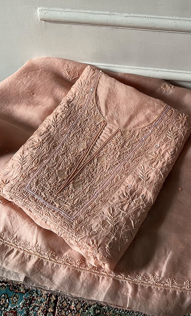 Women's Lakhnavi Handcrafted Pure Organza Chikankari Unstitched Kurta And Dupatta Set- HONC0327850