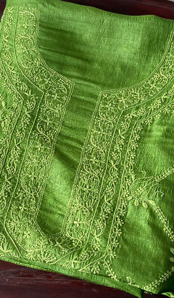 Women's Lakhnavi Handcrafted Tussar Silk Chikankari Unstitched Kurti Fabric - HONC0371822