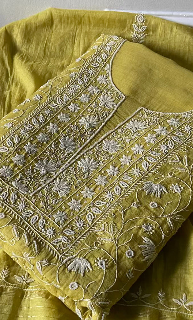 Women's Lakhnavi Handcrafted Mul Chanderi Unstitched Kurta And Dupatta Set- HONC0309531
