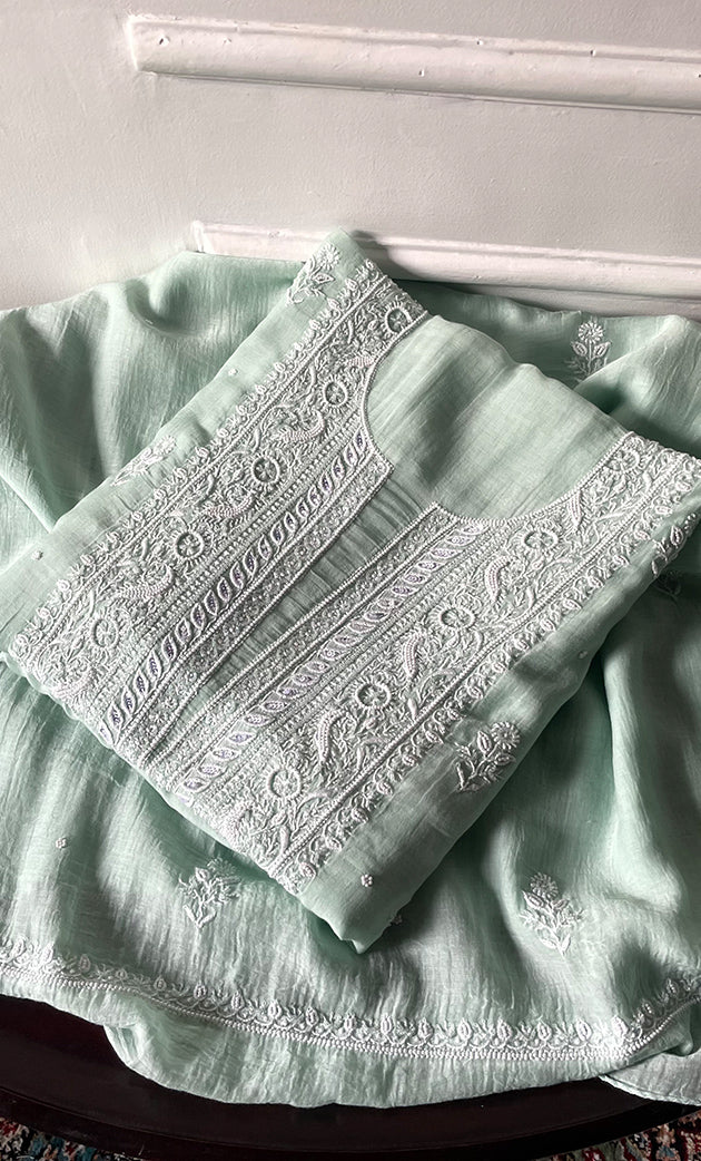 Women's Lakhnavi Handcrafted Unstitched Mul Chanderi Kurta And Dupatta Set - HONC0329041