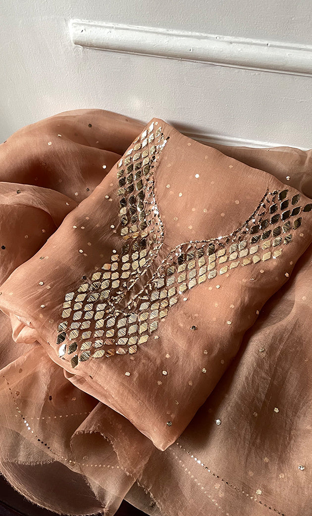 Alfia Women's Lakhnavi Handcrafted Pure Organza Chikankari Unstitched Kurta And Dupatta Set- HONC0328068