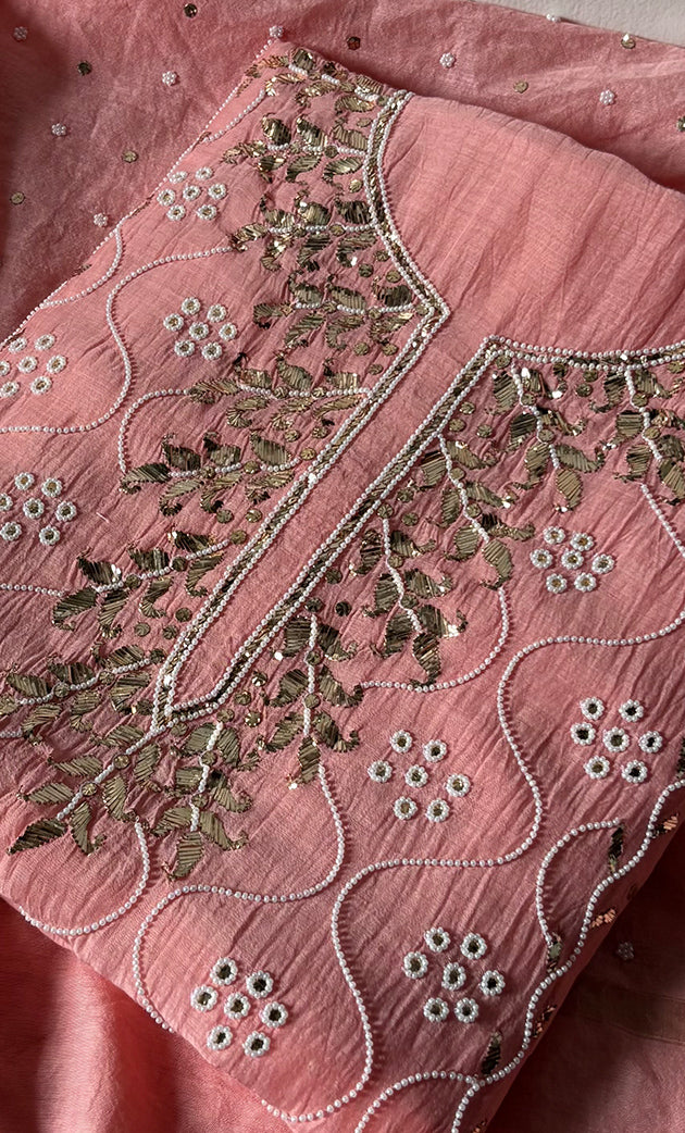 Women's Lakhnavi Handcrafted Mul Chanderi Unstitched Chikankari Full Suit Material - HONC0320706