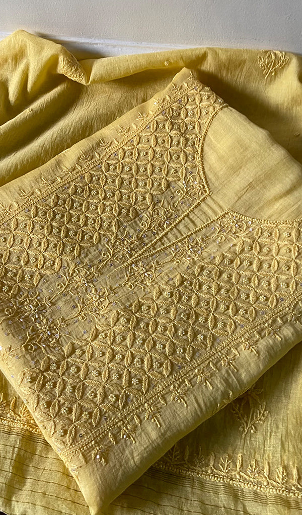 Women's Lakhnavi Handcrafted Mul Chanderi Unstitched Chikankari Full Suit Material - HONC0345047
