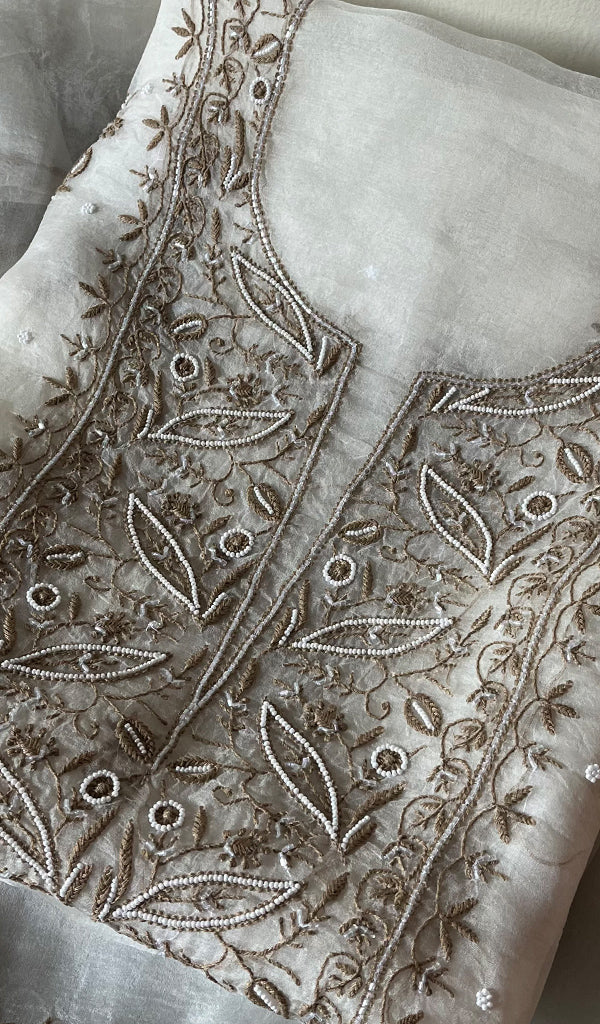 Women's Lakhnavi Handcrafted Pure Organza Chikankari Unstitched Kurta And Dupatta Set-  HONC02831111