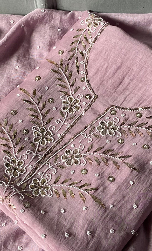 Women's Lakhnavi Handcrafted Mul Chanderi Unstitched Chikankari Full Suit Material - HONC0311952