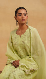 将图像加载到图库查看器中， Women's Lucknowi Handcrafted Pure Organza Silk Stitched Chikankari Kurta, Dupatta With Pant Set- HONC06548565