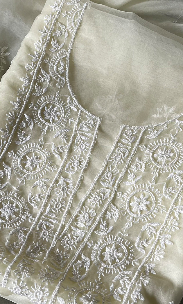 Women's Lakhnavi Handcrafted Organza Chikankari Unstitched Full Suit Material - HONC0284611
