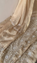 Beige Pure Mul Chanderi Chikankari 3 Pc Semi-Stitched Anarkali Suit Set