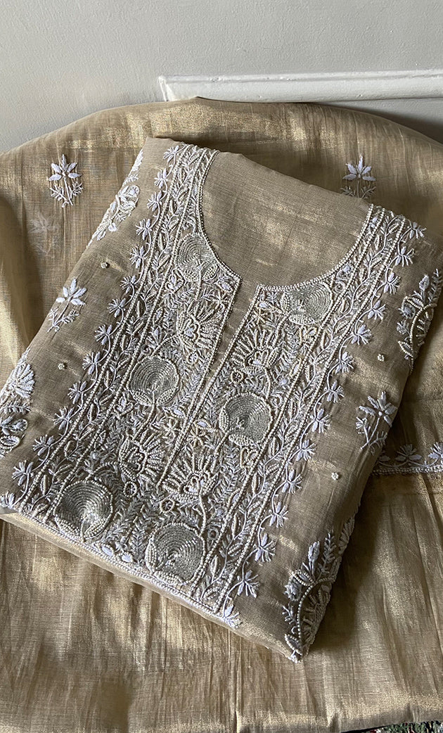 Women's Lakhnavi Handcrafted Tissue Chanderi Unstitched Chikankari Kurta And Dupatta Set - HONC0339373