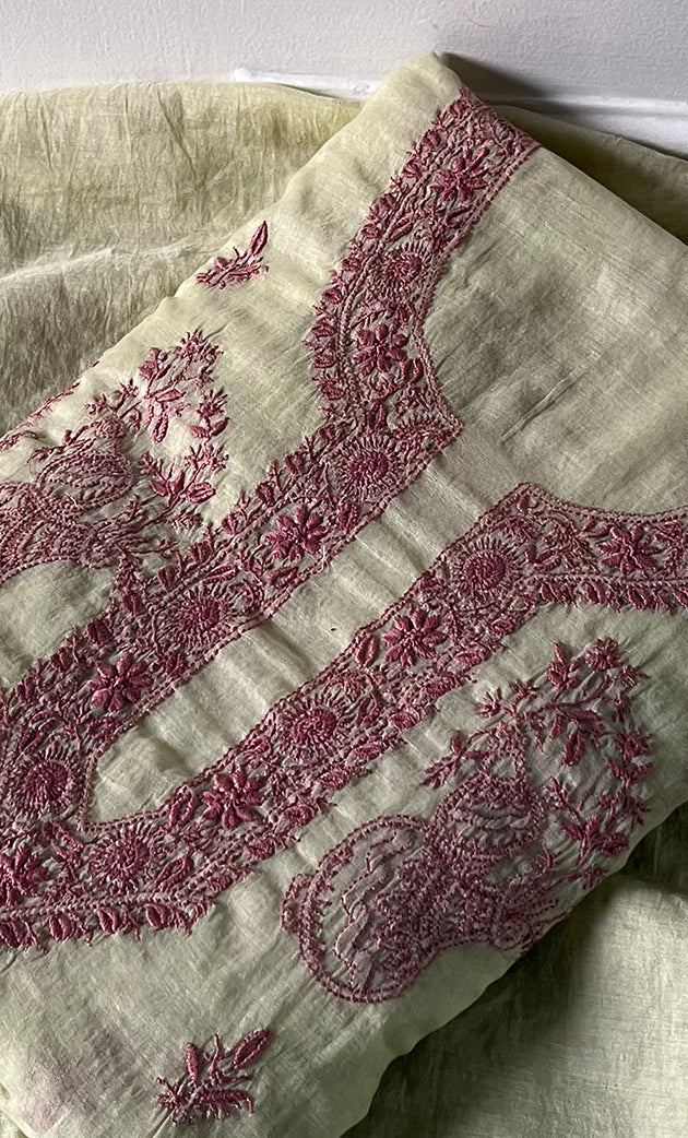 Women's Lakhnavi Handcrafted Mul Chanderi Unstitched Chikankari Full Suit Material - HONC0326123