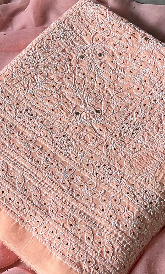 Women's Lakhnavi Handcrafted Unstitched Cotton Chikankari Suit Material - HONC0264458