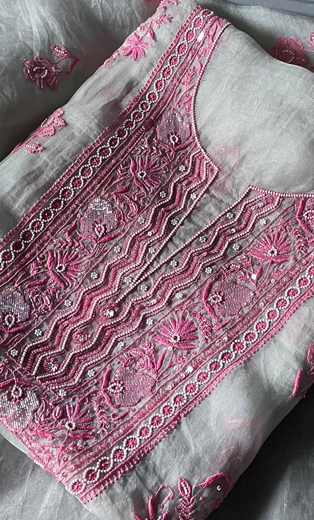 Women's Lakhnavi Handcrafted Pure Organza Chikankari Unstitched Kurta And Dupatta Set- HONC0303193