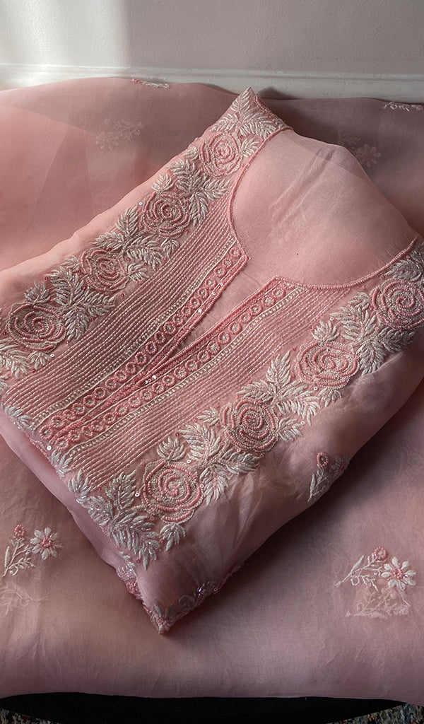 Women's Lakhnavi Handcrafted Pure Organza Chikankari Unstitched Kurta And Dupatta Set- HONC0342714