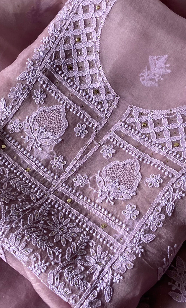 Women's Lakhnavi Handcrafted Pure Organza Chikankari Unstitched Kurta And Dupatta Set- HONC0266924