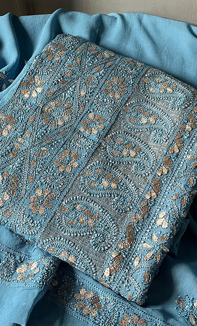 Women's Lakhnavi Handcrafted Viscose Georgette Chikankari Full Suit Material - HONC0277001