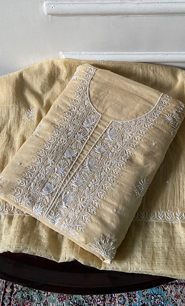 Women's Lakhnavi Handcrafted Mul Chanderi Unstitched Chikankari Full Suit Material - HONC0328321