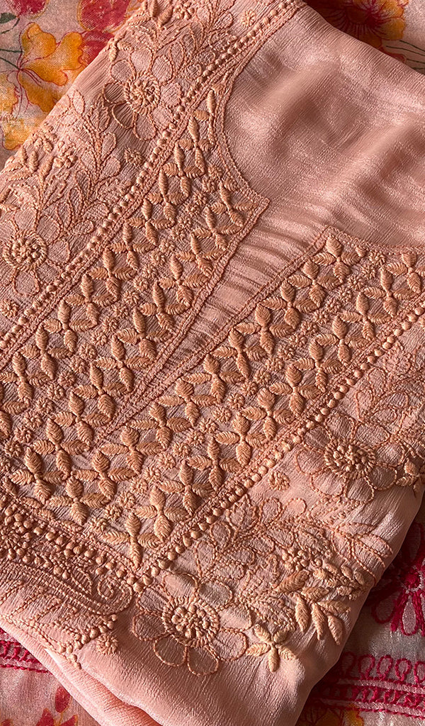 Women's Lakhnavi Handcrafted Mul Chanderi Unstitched Kurta And Dupatta Set - HONC080002