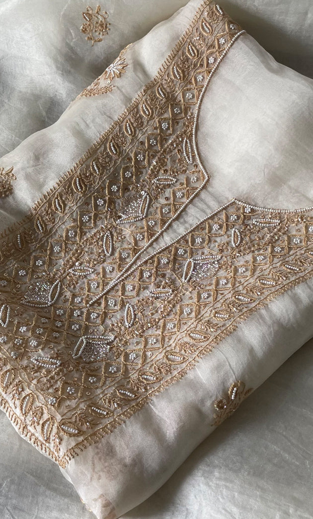Women's Lakhnavi Handcrafted Pure Organza Chikankari Unstitched Kurta And Dupatta Set- HONC0308250