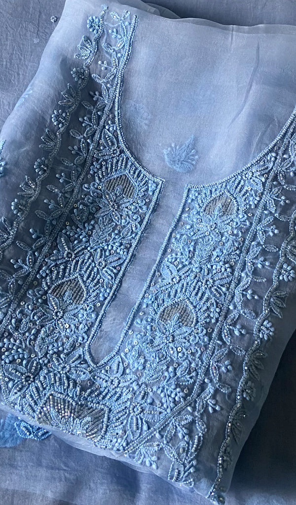 Women's Lakhnavi Handcrafted Pure Organza Chikankari Unstitched Kurta And Dupatta Set- HONC0324986