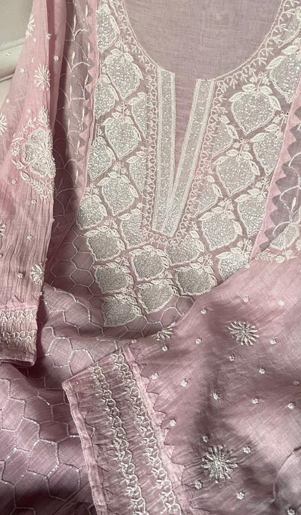 Mehar Women's Lakhnavi Handcrafted Mul Chanderi Semi - Stitched Kurta And Dupatta Set - HONC0596464