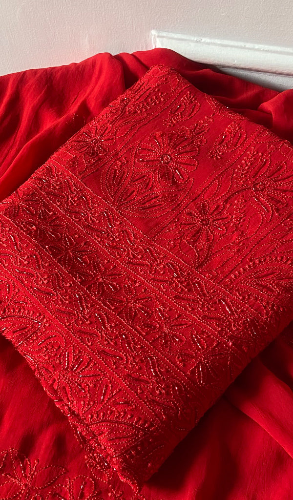 Women's Lucknowi Handcrafted Viscose Georgette Unstitched Chikankari Suit Material - HONC0317983