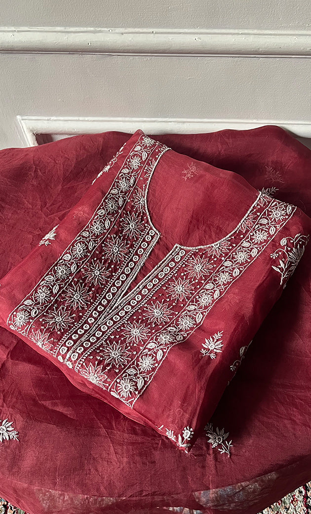 Women's Lakhnavi Handcrafted Pure Organza Chikankari Unstitched Kurta And Dupatta Set- HONC0288594