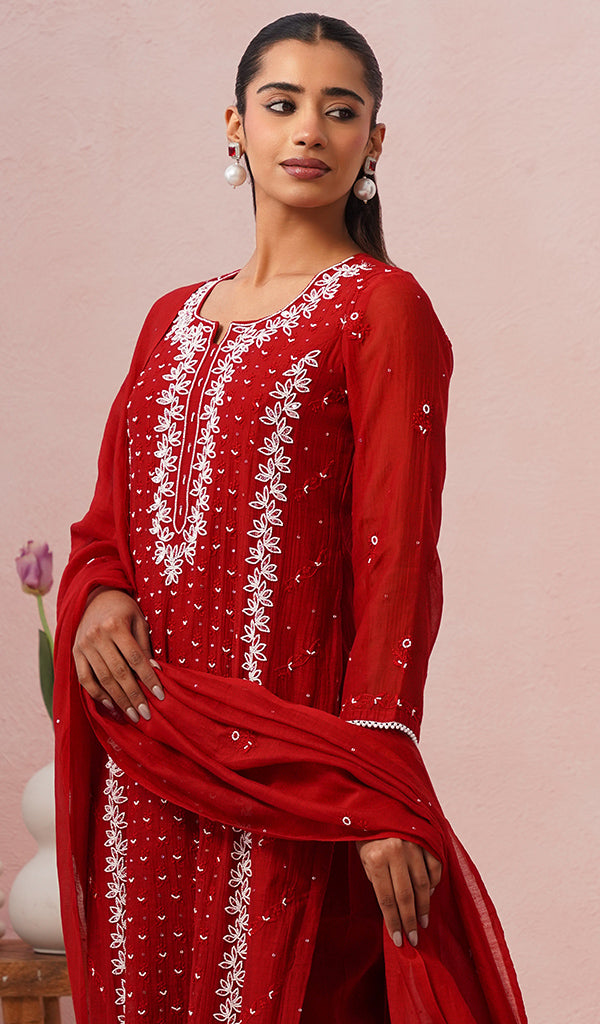 Saziya Women's Lakhnavi Handcrafted Mul Chanderi Chikankari Stitched Kurta, Dupatta And Pant Set - HONC0854621