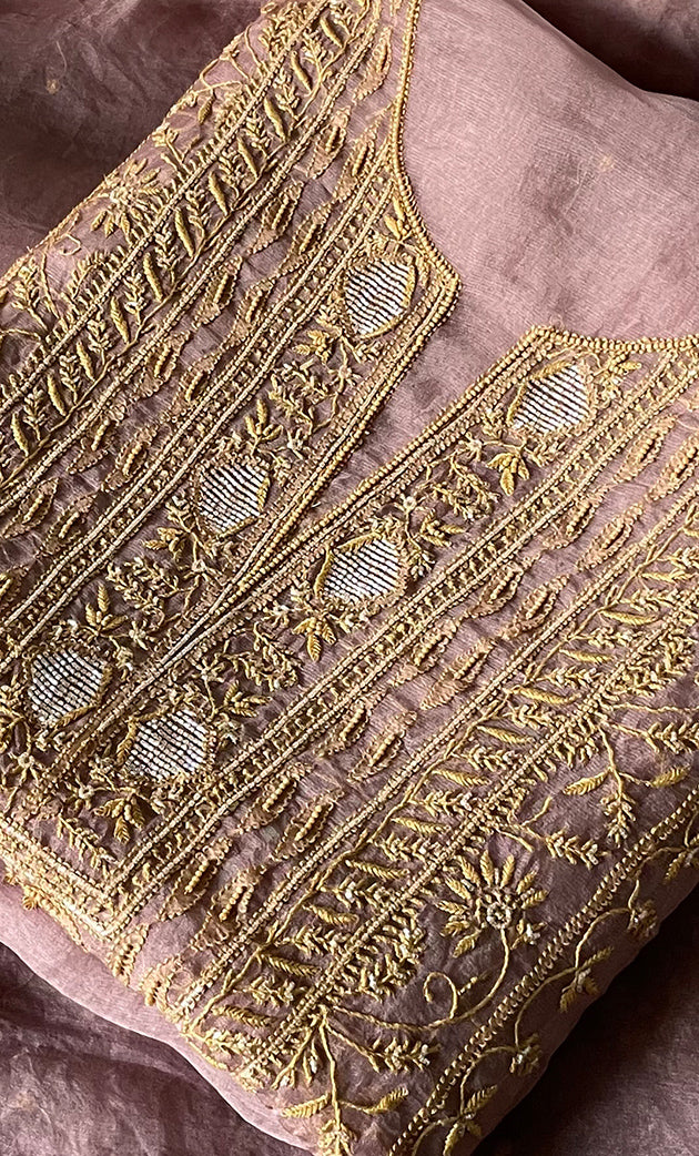 Women's Lakhnavi Handcrafted Pure Organza Chikankari Unstitched Kurta And Dupatta Set- HONC0318670