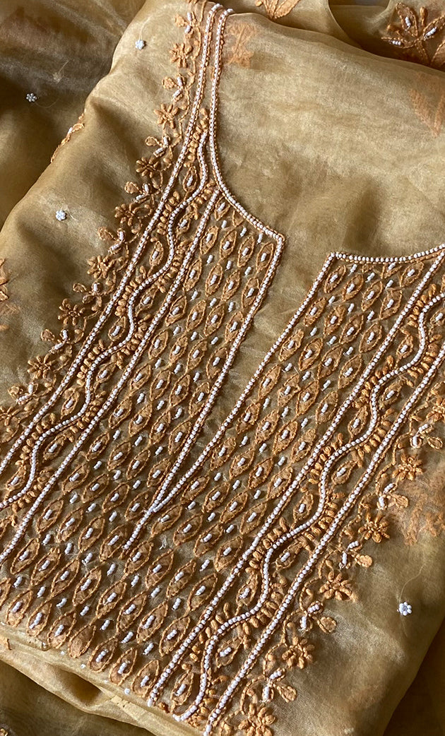 Women's Lakhnavi Handcrafted Organza Chikankari Unstitched Full Suit Material - HONC0271204