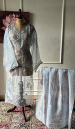 Load image into Gallery viewer, Women's Lakhnavi Handcrafted Pure Organza Chikankari Semi stitched Kurta And Dupatta Set- HONC0348612