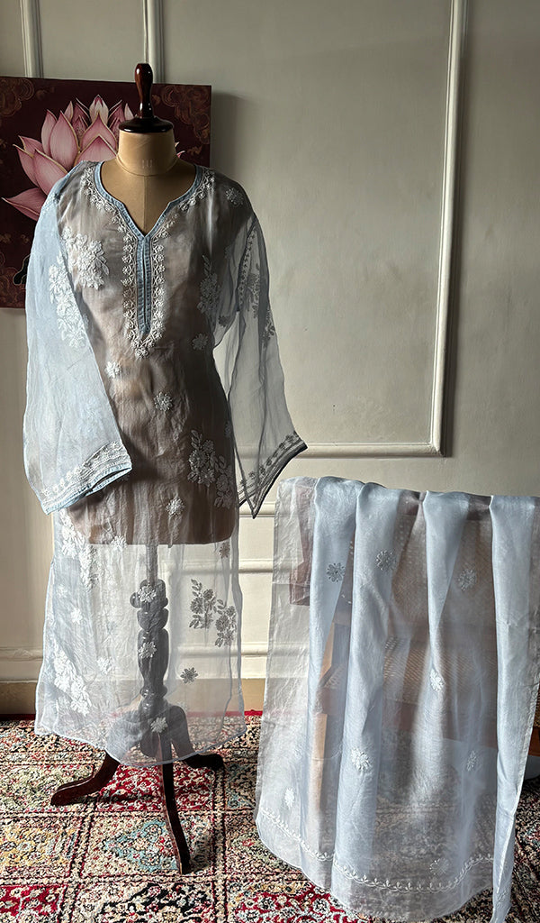 Women's Lakhnavi Handcrafted Pure Organza Chikankari Semi stitched Kurta And Dupatta Set- HONC0348612