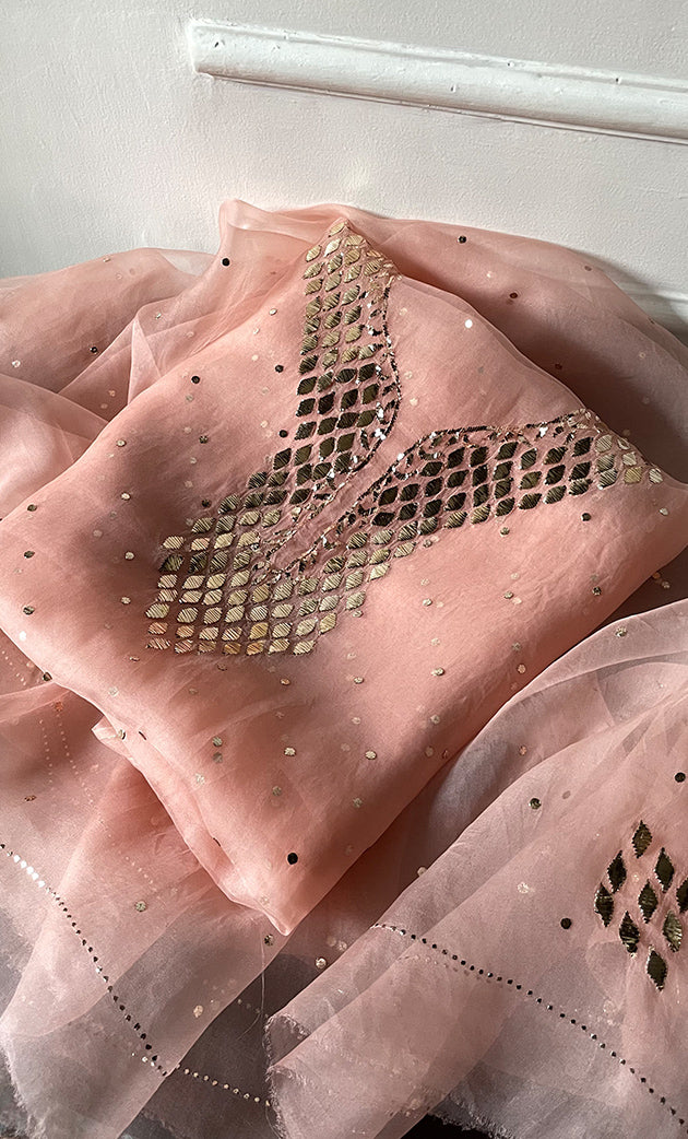 Alfia Women's Lakhnavi Handcrafted Pure Organza Chikankari Unstitched Kurta And Dupatta Set- HONC0786056