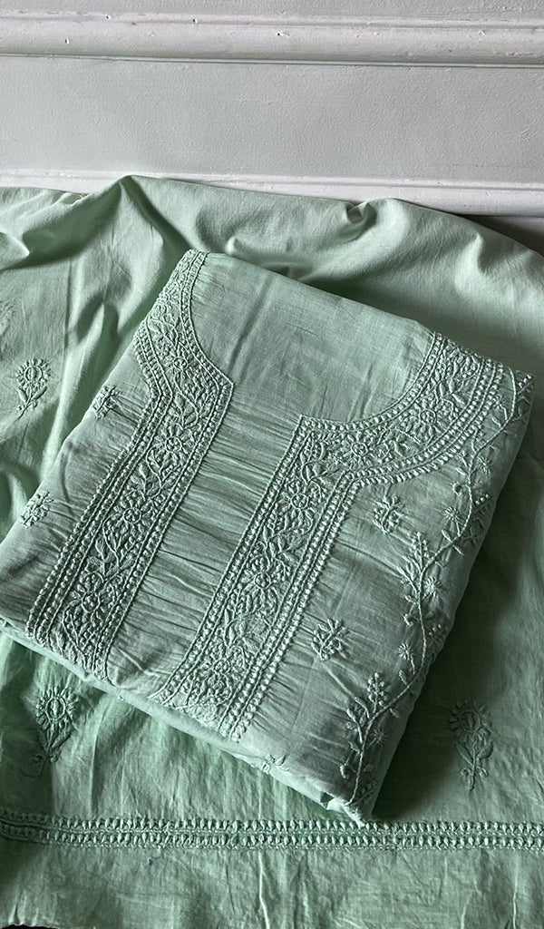 Women's Lakhnavi Handcrafted Unstitched Cotton Chikankari Kurta Dupatta Set - HONC0362881