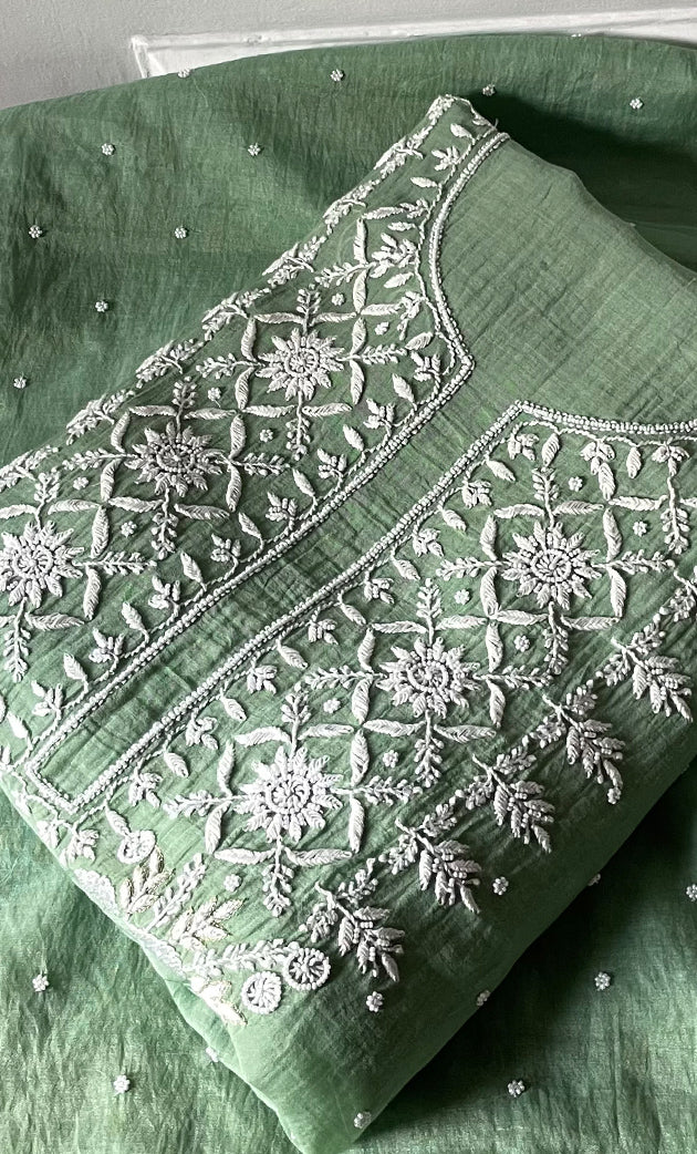 Women's Lakhnavi Handcrafted Mul Chanderi Unstitched Kurta And Dupatta Set- HONC0319681