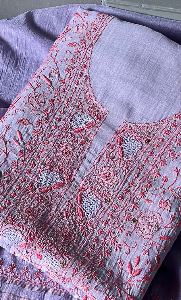 Women's Lakhnavi Handcrafted Mul Chanderi Unstitched Kurta And Dupatta Set- HONC0280892