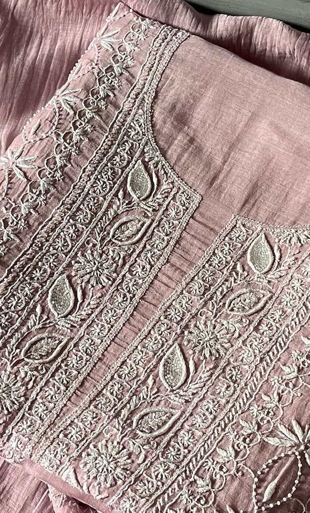 Women's Lakhnavi Handcrafted Mul Chanderi Unstitched Kurta And Dupatta Set - HONC0310609